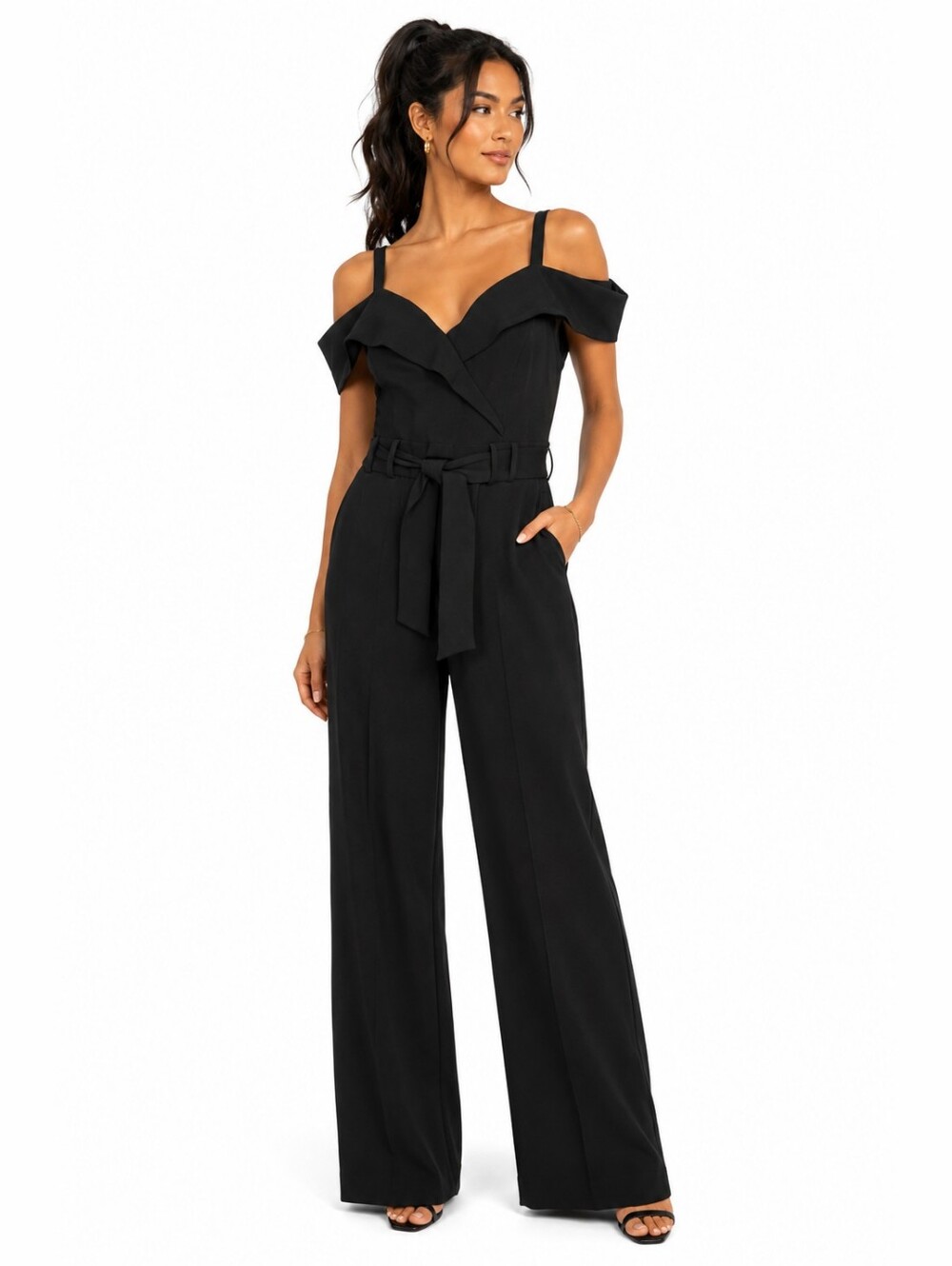 Shelby Nites Black Off Shoulder Wide Leg Jumpsuit Belted Size 16